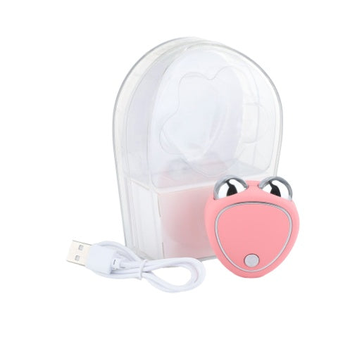 Microcurrent beauty massager in pink with charging cable and clear case for skincare enhancement.