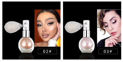 Teayasón highlight powder spray in a glass bottle with a unique pump design and pink floral packaging.