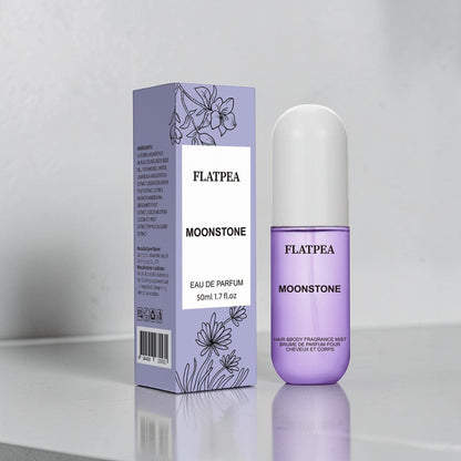 Flatpea Moonstone fragrance spray in a purple bottle with floral packaging, perfect for a soothing scent experience.
