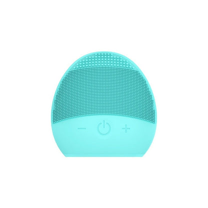 Rechargeable facial cleansing brush in soft turquoise color with silicone bristles and control buttons.