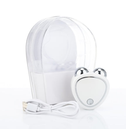 Microcurrent beauty massager in pink with charging cable and clear case for skincare enhancement.