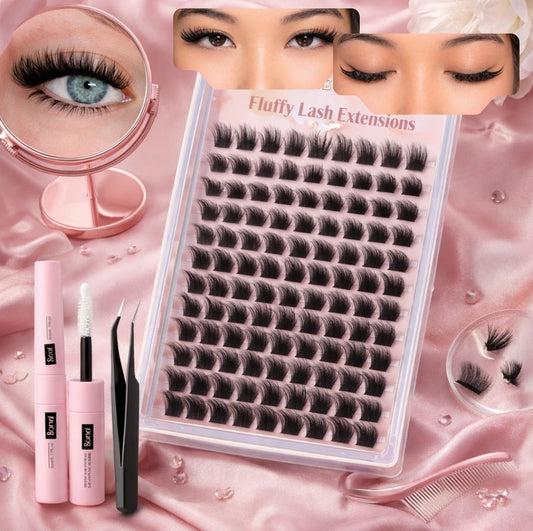 Fluffy Lash Extensions Kit 6–18mm Wispy Volume Clusters, 160pcs CD Curl with Glue & Bottom Lashes (Self-Application)