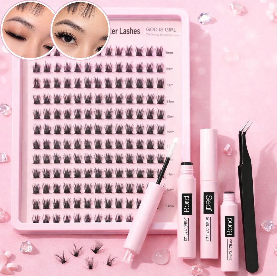 Wispy Lash Clusters Kit, Waterproof DIY Eyelash Extensions with Glue, Bond & Seal, Tweezers – D Curl 192pcs
