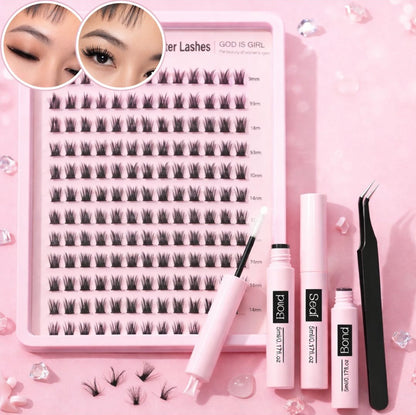 Wispy Lash Clusters Kit, Waterproof DIY Eyelash Extensions with Glue, Bond & Seal, Tweezers – D Curl 192pcs