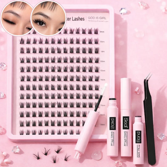 Wispy Lash Clusters Kit, Waterproof DIY Eyelash Extensions with Glue, Bond & Seal, Tweezers – D Curl 192pcs