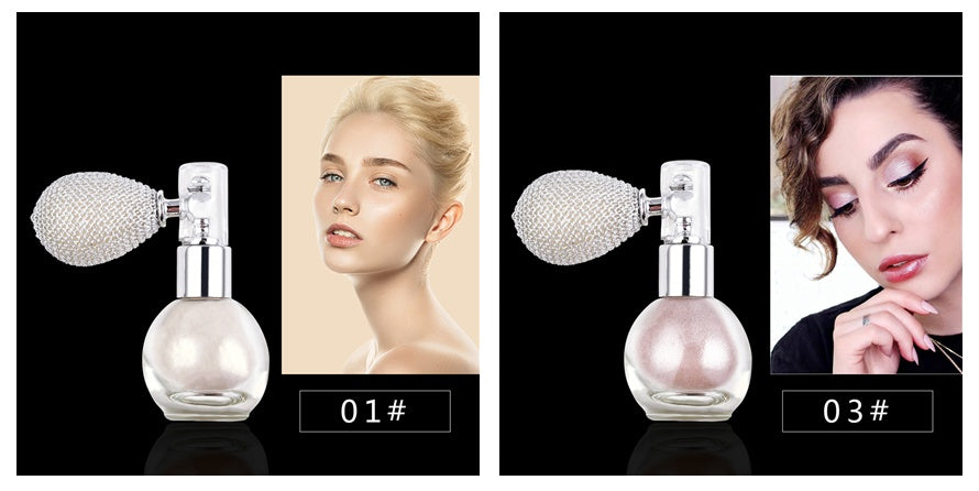 Teayasón highlight powder spray in a glass bottle with a unique pump design and pink floral packaging.