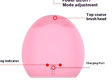 Rechargeable facial cleansing brush features showing power button, brush head, charging indicator, and port.